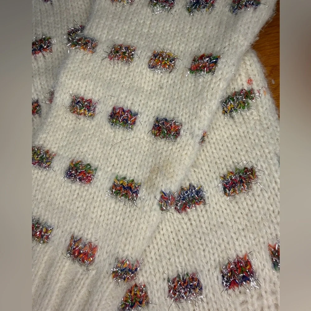 Moth Anthropologie Cream Knit Sweater Rainbow Confetti Fuzzy Cozy Pullover XS - Picture 5 of 11